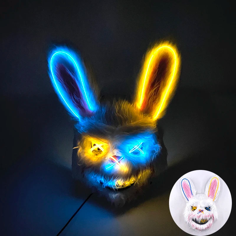LED Cosplay Glowing Bloody Bear Mask Halloween Horror Plush Rabbit Mask Bloody Bear Mask Decorative Festival Mask Neon Headgear