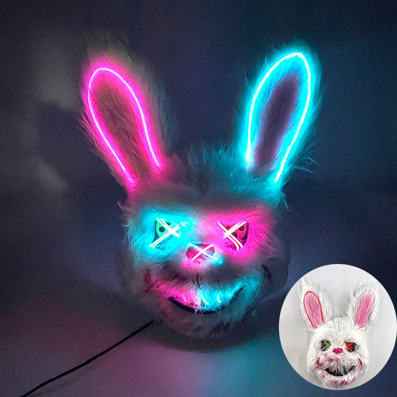 LED Cosplay Glowing Bloody Bear Mask Halloween Horror Plush Rabbit Mask Bloody Bear Mask Decorative Festival Mask Neon Headgear