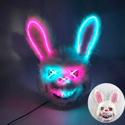 LED Cosplay Glowing Bloody Bear Mask Halloween Horror Plush Rabbit Mask Bloody Bear Mask Decorative Festival Mask Neon Headgear