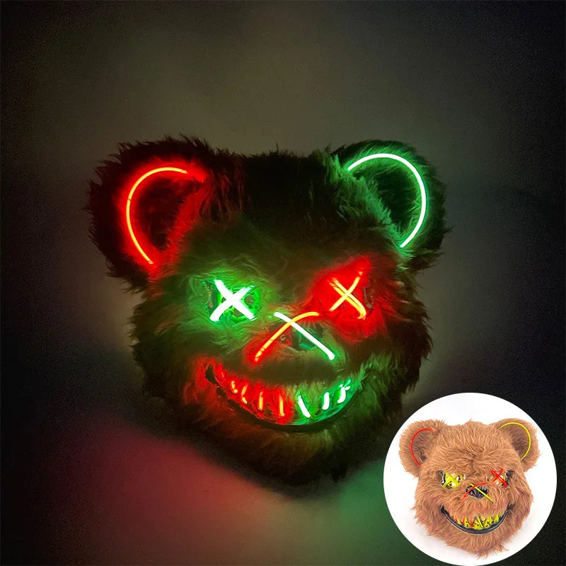 LED Cosplay Glowing Bloody Bear Mask Halloween Horror Plush Rabbit Mask Bloody Bear Mask Decorative Festival Mask Neon Headgear