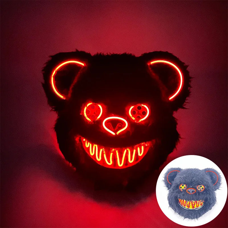LED Cosplay Glowing Bloody Bear Mask Halloween Horror Plush Rabbit Mask Bloody Bear Mask Decorative Festival Mask Neon Headgear
