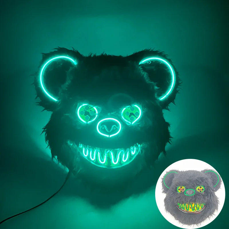 LED Cosplay Glowing Bloody Bear Mask Halloween Horror Plush Rabbit Mask Bloody Bear Mask Decorative Festival Mask Neon Headgear