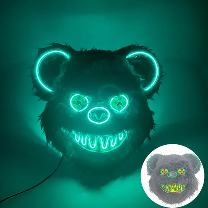 LED Cosplay Glowing Bloody Bear Mask Halloween Horror Plush Rabbit Mask Bloody Bear Mask Decorative Festival Mask Neon Headgear