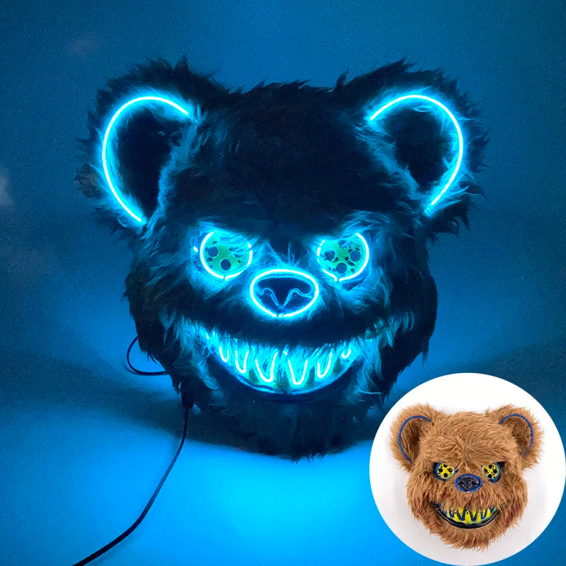 LED Cosplay Glowing Bloody Bear Mask Halloween Horror Plush Rabbit Mask Bloody Bear Mask Decorative Festival Mask Neon Headgear