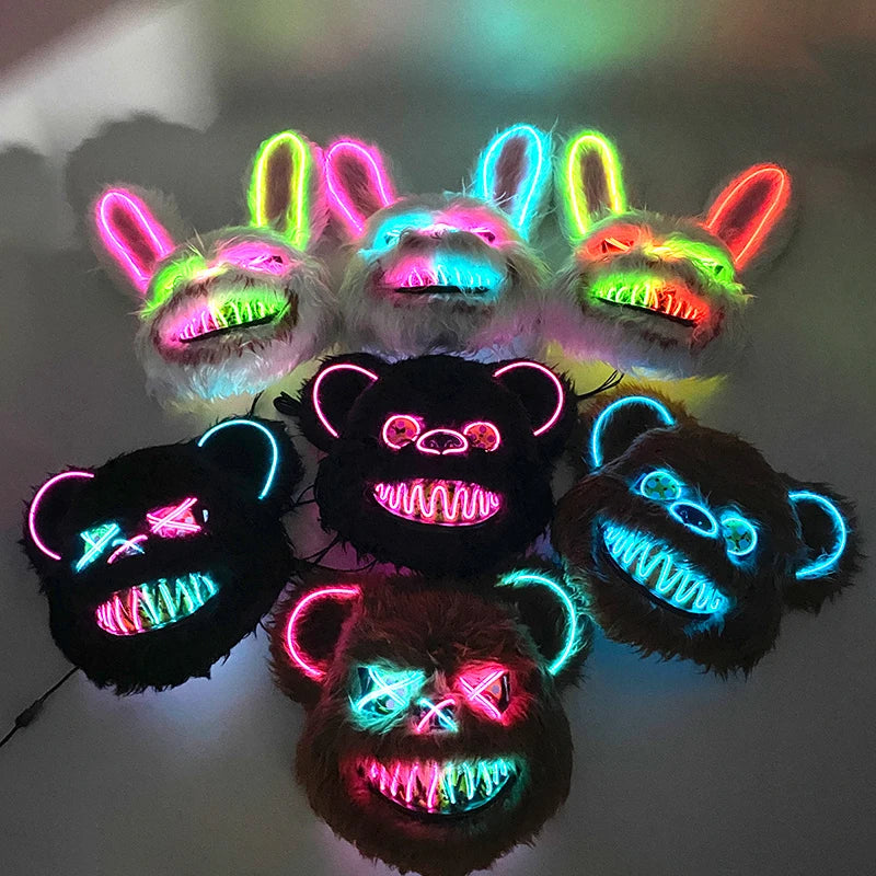 LED Cosplay Glowing Bloody Bear Mask Halloween Horror Plush Rabbit Mask Bloody Bear Mask Decorative Festival Mask Neon Headgear