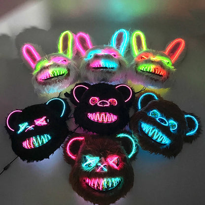 LED Cosplay Glowing Bloody Bear Mask Halloween Horror Plush Rabbit Mask Bloody Bear Mask Decorative Festival Mask Neon Headgear