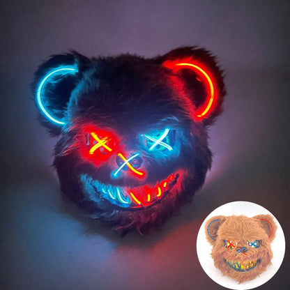 LED Cosplay Glowing Bloody Bear Mask Halloween Horror Plush Rabbit Mask Bloody Bear Mask Decorative Festival Mask Neon Headgear