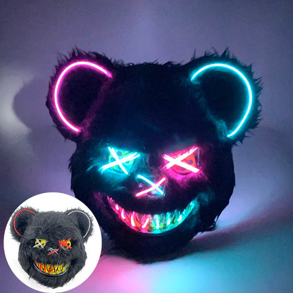 LED Cosplay Glowing Bloody Bear Mask Halloween Horror Plush Rabbit Mask Bloody Bear Mask Decorative Festival Mask Neon Headgear