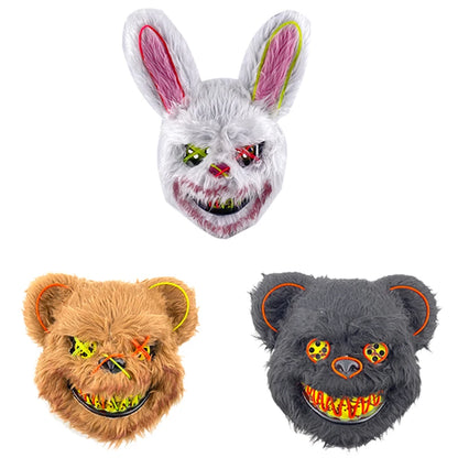 LED Cosplay Glowing Bloody Bear Mask Halloween Horror Plush Rabbit Mask Bloody Bear Mask Decorative Festival Mask Neon Headgear