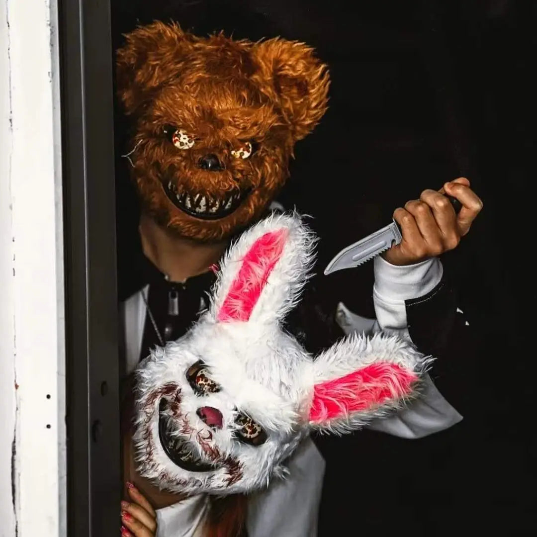 LED Cosplay Glowing Bloody Bear Mask Halloween Horror Plush Rabbit Mask Bloody Bear Mask Decorative Festival Mask Neon Headgear