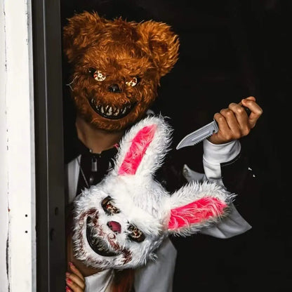 LED Cosplay Glowing Bloody Bear Mask Halloween Horror Plush Rabbit Mask Bloody Bear Mask Decorative Festival Mask Neon Headgear