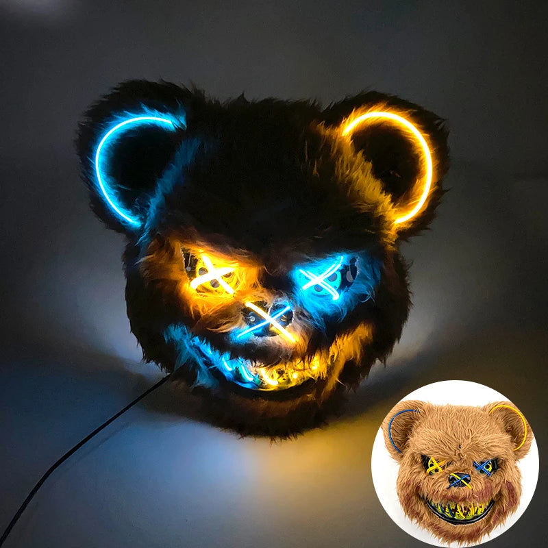 LED Cosplay Glowing Bloody Bear Mask Halloween Horror Plush Rabbit Mask Bloody Bear Mask Decorative Festival Mask Neon Headgear