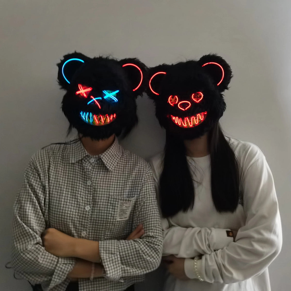 LED Cosplay Glowing Bloody Bear Mask Halloween Horror Plush Rabbit Mask Bloody Bear Mask Decorative Festival Mask Neon Headgear