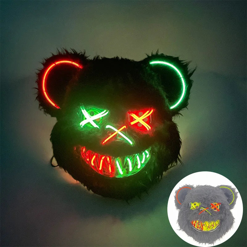 LED Cosplay Glowing Bloody Bear Mask Halloween Horror Plush Rabbit Mask Bloody Bear Mask Decorative Festival Mask Neon Headgear