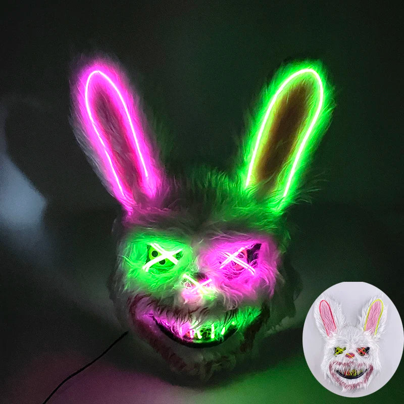 LED Cosplay Glowing Bloody Bear Mask Halloween Horror Plush Rabbit Mask Bloody Bear Mask Decorative Festival Mask Neon Headgear