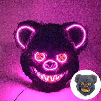LED Cosplay Glowing Bloody Bear Mask Halloween Horror Plush Rabbit Mask Bloody Bear Mask Decorative Festival Mask Neon Headgear