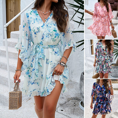 Chic Summer Floral Print Short Sleeve Dress with Lace-Up Ruffles and Fashionable V-Neck for Women