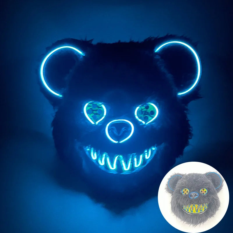 LED Cosplay Glowing Bloody Bear Mask Halloween Horror Plush Rabbit Mask Bloody Bear Mask Decorative Festival Mask Neon Headgear