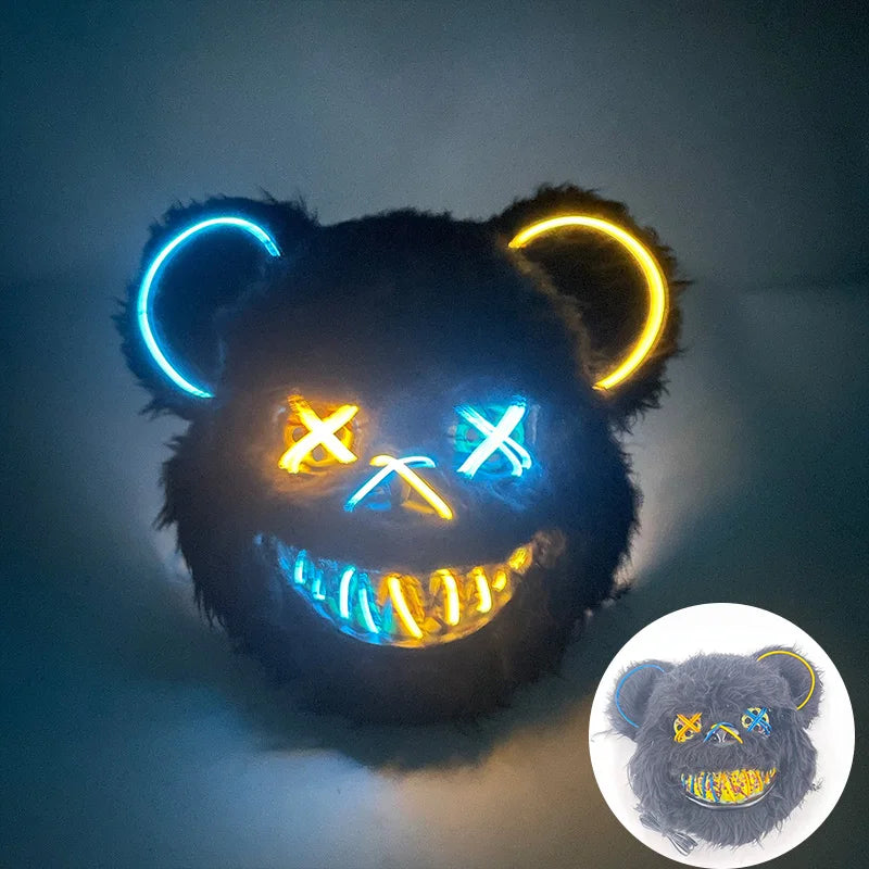LED Cosplay Glowing Bloody Bear Mask Halloween Horror Plush Rabbit Mask Bloody Bear Mask Decorative Festival Mask Neon Headgear