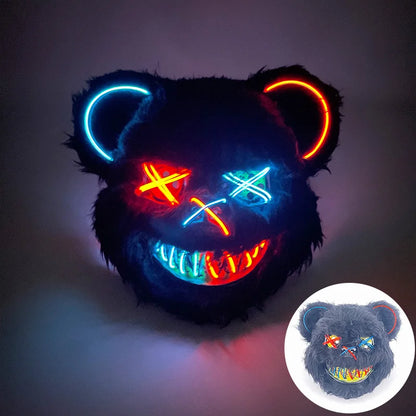 LED Cosplay Glowing Bloody Bear Mask Halloween Horror Plush Rabbit Mask Bloody Bear Mask Decorative Festival Mask Neon Headgear