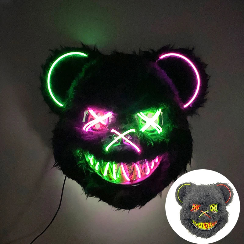 LED Cosplay Glowing Bloody Bear Mask Halloween Horror Plush Rabbit Mask Bloody Bear Mask Decorative Festival Mask Neon Headgear