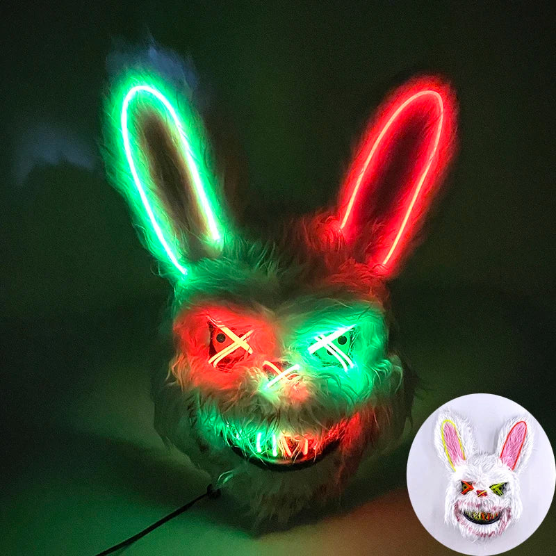 LED Cosplay Glowing Bloody Bear Mask Halloween Horror Plush Rabbit Mask Bloody Bear Mask Decorative Festival Mask Neon Headgear