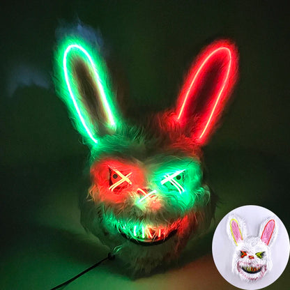 LED Cosplay Glowing Bloody Bear Mask Halloween Horror Plush Rabbit Mask Bloody Bear Mask Decorative Festival Mask Neon Headgear