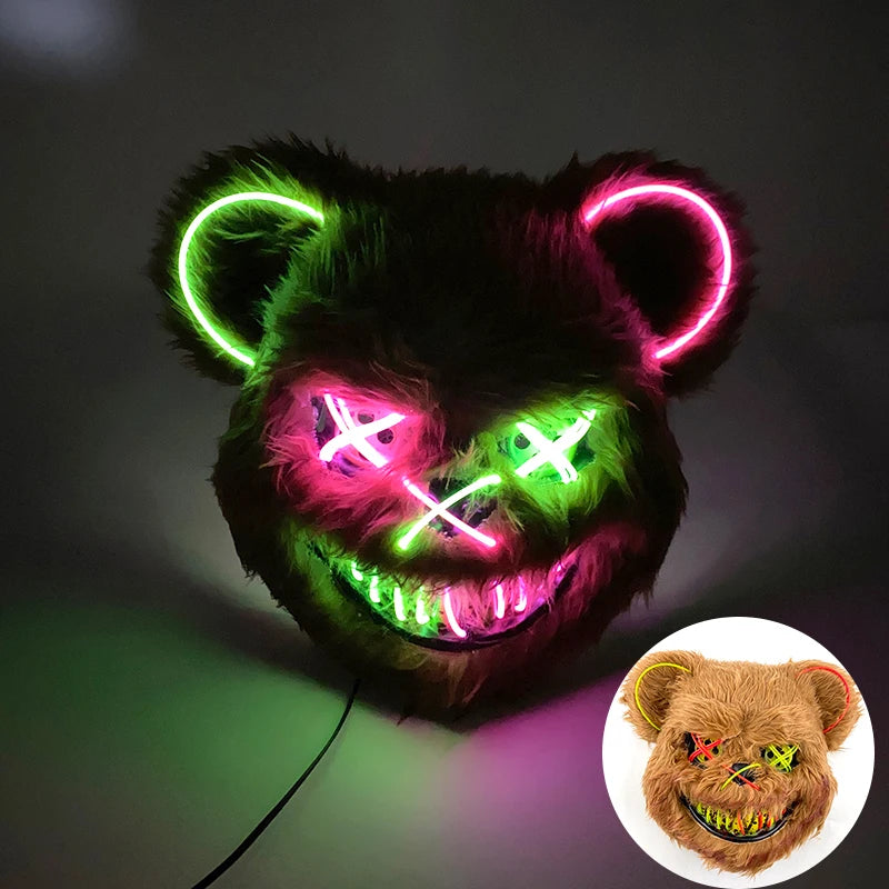 LED Cosplay Glowing Bloody Bear Mask Halloween Horror Plush Rabbit Mask Bloody Bear Mask Decorative Festival Mask Neon Headgear