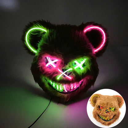 LED Cosplay Glowing Bloody Bear Mask Halloween Horror Plush Rabbit Mask Bloody Bear Mask Decorative Festival Mask Neon Headgear
