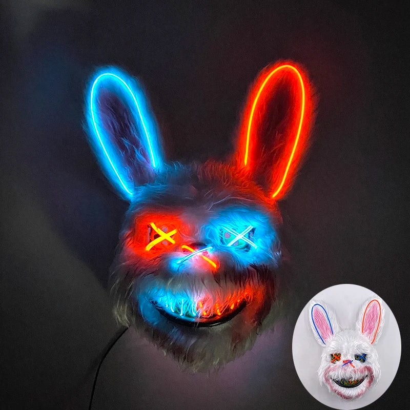 LED Cosplay Glowing Bloody Bear Mask Halloween Horror Plush Rabbit Mask Bloody Bear Mask Decorative Festival Mask Neon Headgear