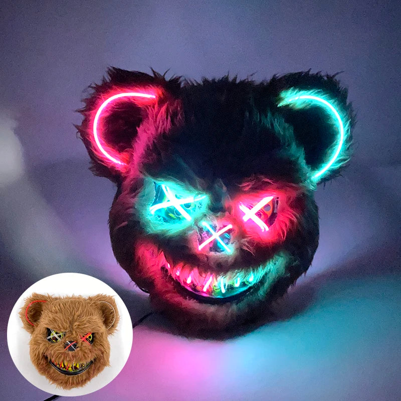 LED Cosplay Glowing Bloody Bear Mask Halloween Horror Plush Rabbit Mask Bloody Bear Mask Decorative Festival Mask Neon Headgear